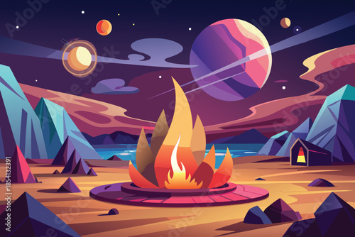 Alien Planet Campfire Scene with Ringed Planet and Mountains.