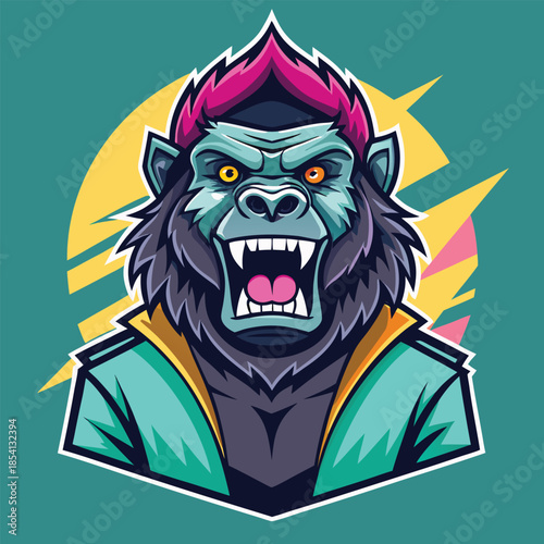 Aggressive Gorilla Head with Pink Mohawk and Teal Jacket.