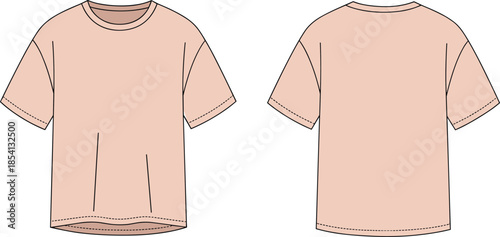 Short sleeve t-shirt flat sketch, fashion technical drawing, front and back view, pink apparel design, garment construction, round neckline