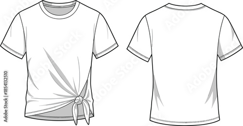 Short sleeve t-shirt flat sketch, fashion illustration, side tie knot design, front and back view, apparel template, garment drawing
