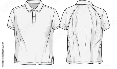 Short sleeve polo shirt, technical flat sketch, vector line drawing, fashion template, garment illustration, raglan sleeve, clothing design, apparel mockup