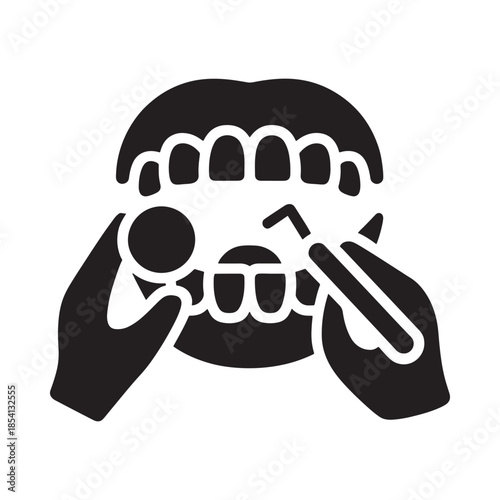 Dental care illustration showing teeth brushing and a dental mirror