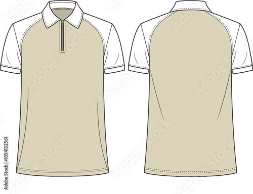 Short sleeve polo shirt, technical flat sketch, two-tone design, raglan sleeve, fashion illustration, garment construction, apparel template, vector drawing