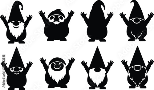 Funny gnome silhouettes set with raised hands featuring cute dwarf characters for fairy tale garden fantasy vector designs illustration collection