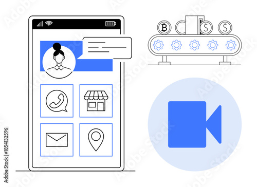 Digital communication, cryptocurrency transactions, video calls, social commerce, online navigation, financial processes. Smartphone interface with apps, cryptocurrency mining video symbol. Digital