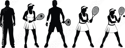Tennis players silhouettes collection showing male and female athletes holding rackets in action poses for sport fitness design projects