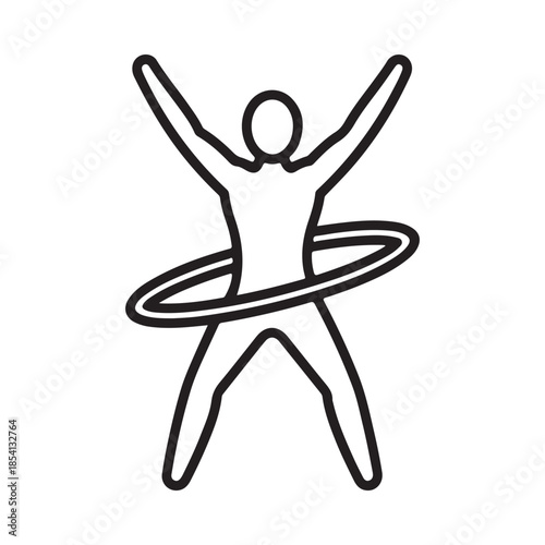 A simple line drawing of a person happily hooping with a large ring