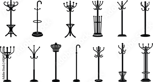 Collection, of, coat, rack, silhouettes, vintage, hat, stand, icons, furniture, set, hallway, storage, hanger, isolated, vector, illustrations, for, interior, design.