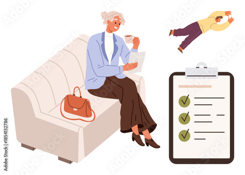 Woman enjoying coffee and tablet on sofa, large checklist nearby with green ticks, human floating upward. Ideal for productivity, organization, goals, leisure, efficiency, planning simple flat