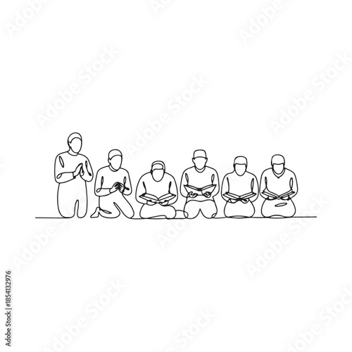 A minimalist line drawing depicts six people in seated or kneeling positions