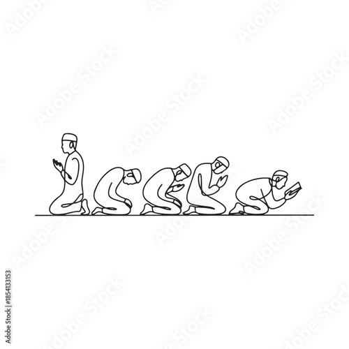 Line drawing depicts a group of men praying in a row