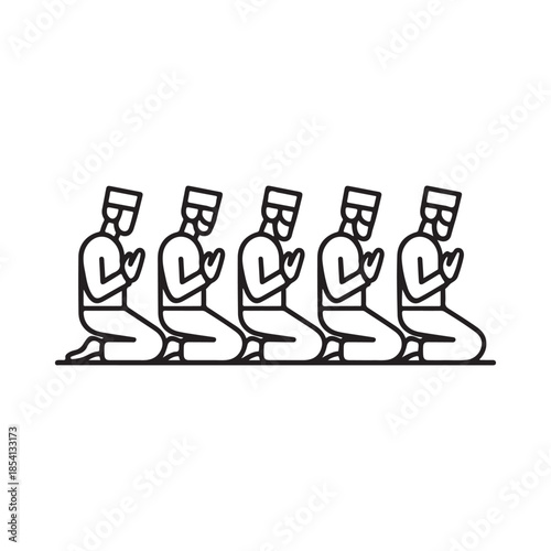 A line of five figures kneeling in prayer simple black and white illustration