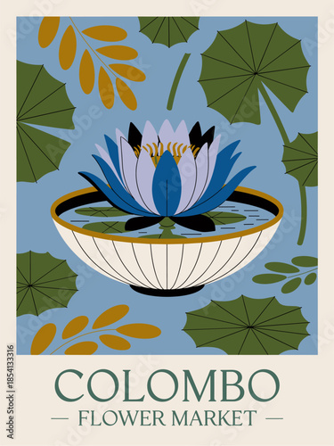 Flat vector poster featuring the sacred blue water lily of Sri Lanka in a serene floral composition inspired by Colombo flower markets.