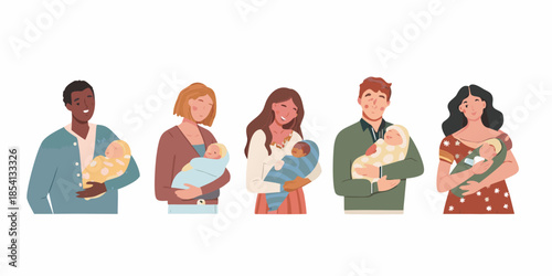 Diverse parents lovingly holding their newborn babies in a colorful illustration