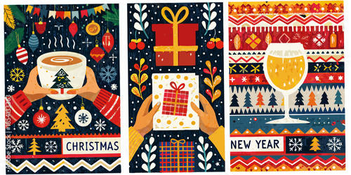 Festive holiday illustrations featuring gifts drinks and winter themed decorations