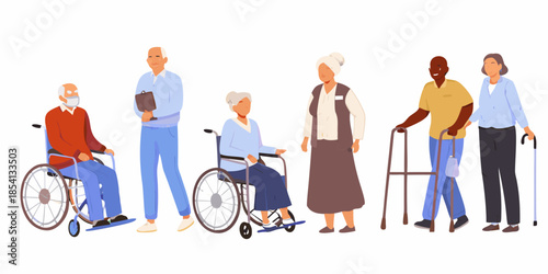 Diverse group of senior citizens walking and using mobility aids