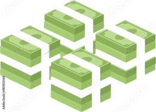 Stacks of green money bills on white background