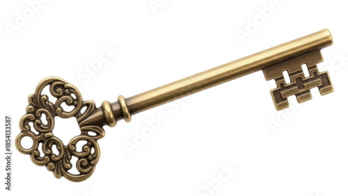 Ornate antique key PNG isolated on transparent background, vintage golden skeleton key for design elements and security concepts