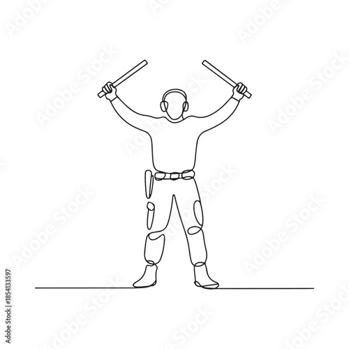 Continuous line drawing of a man with drumsticks in a celebratory pose
