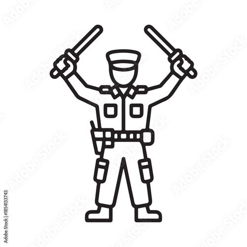Line art illustration of a police officer raising batons in the air