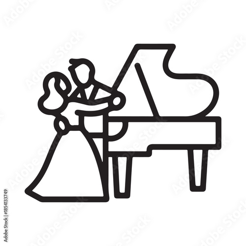 A simple line drawing depicts a pianist playing a grand piano