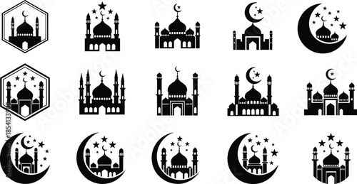 Islamic mosque silhouette icon collection with crescent moon stars black vector illustrations for Ramadan Eid religious branding design projects