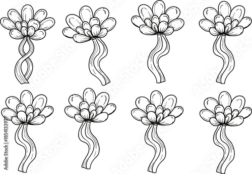 Illustration of six identical flowers with twisted stems