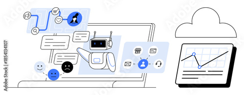 AI chatbot interacts with user messages, emotive responses, icons on a laptop screen, next to cloud-based analytics graph. Ideal for technology, communication, automation, cloud computing, customer