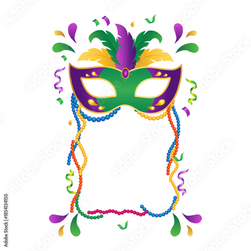 Mardi Gras carnival mask with feathers and colorful beads frame. Vector illustration of venetian masquerade party decoration on white background.