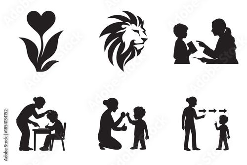 Diverse silhouettes depict education, family, and social distancing concepts.