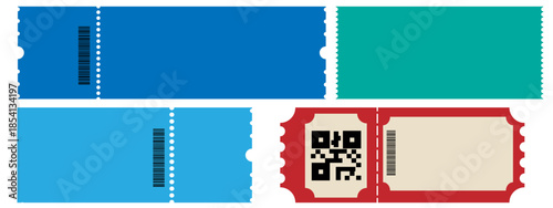 Isolated blank paper tickets and vouchers for events, cinema, theater, travel, or promotions. Minimalist mockups with perforated edges on transparent background.