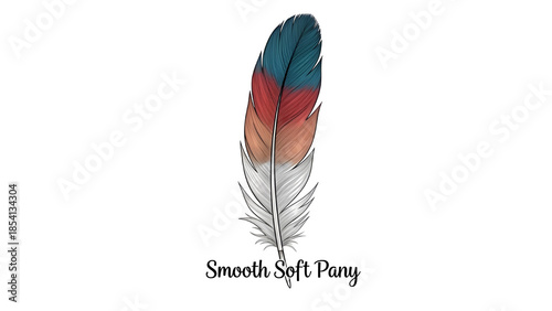 Hand drawn watercolor feather with blue, red, and brown colors isolated on transparent background