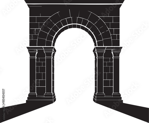 Dramatic black and white silhouette of a stone triumphal arch conveying a sense of history and grandeur