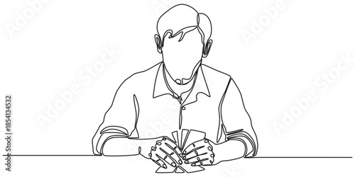 single line drawing of a man playing tabletop card games, symbolizing creativity. Highlights business concept International Tabletop Day event. 