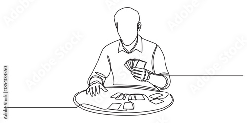 single line drawing of a man playing tabletop card games, symbolizing creativity. Highlights business concept International Tabletop Day event. 