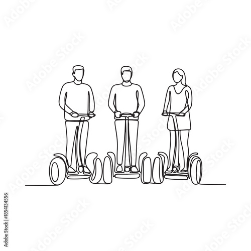 Continuous line drawing of three people riding electric self balancing scooters