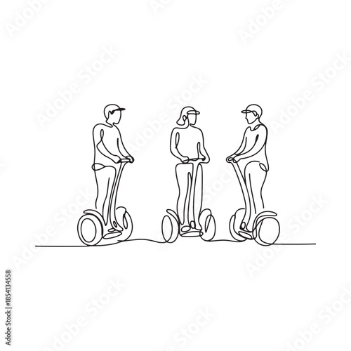 Continuous line drawing of three people riding self balancing scooters