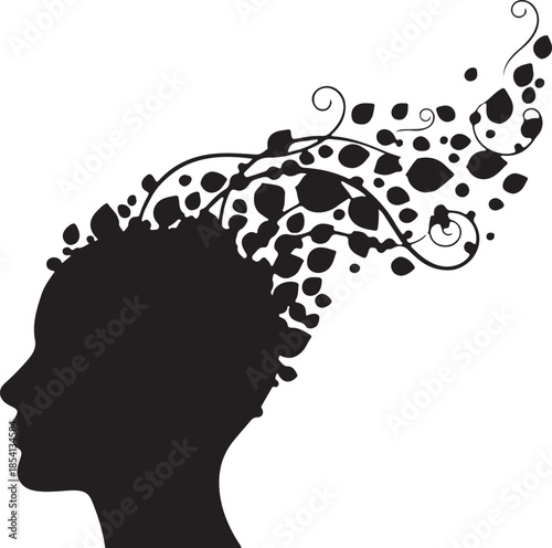 Abstract Black Woman Head Silhouette with Flowing Leaves and Nature Design