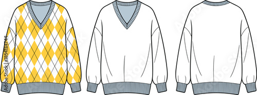 Argyle v neck sweater front back views vector mockup, isolated knitwear apparel design template illustration for fashion branding presentation