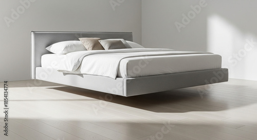 A sleek, minimalist floating bed frame in grey upholstery with white linens, positioned in a bright, empty room with soft sunlight and shadows on the wall