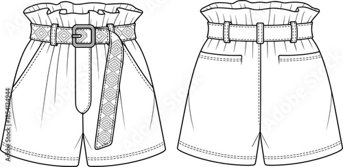 High waist paperbag shorts front and back view vector mockup, isolated women apparel fashion design template illustration clothing branding presentation