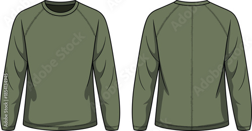 Olive green crewneck sweatshirt, front and back view vector mockup, isolated apparel clothing design template illustration fashion branding presentation artwork