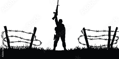Military soldier silhouette standing behind barbed wire fence holding rifle at sunset war and conflict vector