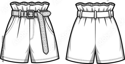 Paperbag waist shorts, front and back view, vector mockup, isolated women apparel fashion design template illustration branding presentation clothing modern