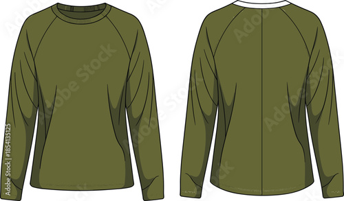Olive green long sleeve raglan sweatshirt, front and back view, apparel flat design, casual fashion mockup illustration template