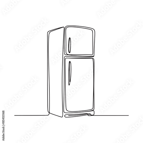 A continuous line drawing depicting a simple modern refrigerator appliance