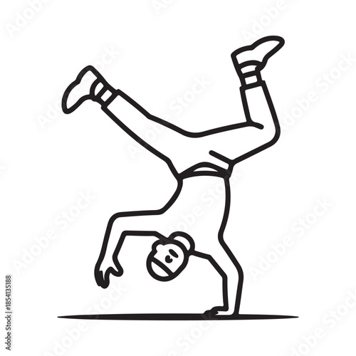 A simple line drawing of a person performing a handstand breakdance pose