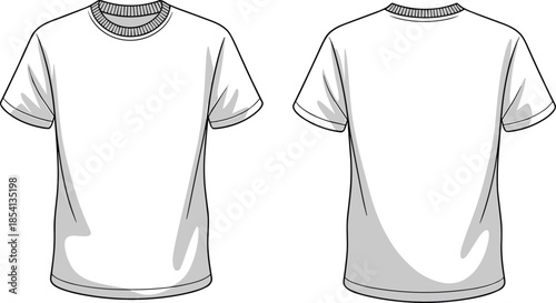 White t shirt front and back view, short sleeve apparel flat design, blank clothing mockup vector illustration template