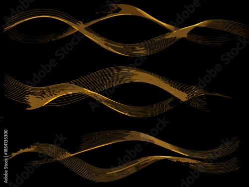 Golden wave patterns against a stark black background abstract digital art