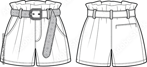 Women paperbag waist shorts front and back view vector illustration with belt fashion apparel design template isolated mockup